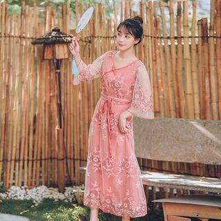 Embroidered Mesh Panel 3/4-sleeve Midi A-line Dress