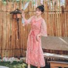 Embroidered Mesh Panel 3/4-sleeve Midi A-line Dress