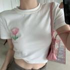 Short-sleeve Flower Printed Cropped T-shirt White - One Size