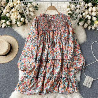 Long-sleeve Floral Mini A-line Dress Tangerine - One Size