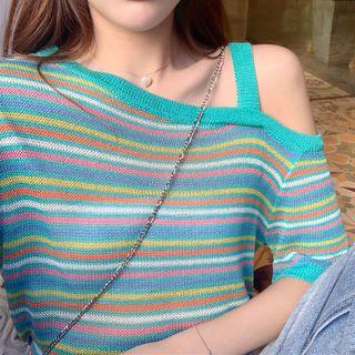 Striped Cold Shoulder Elbow-sleeve Knit Top