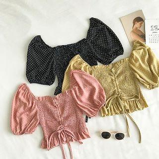 Polka Dot Square-neck Frilled Puff-sleeve Blouse