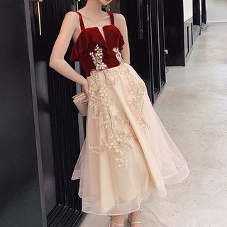 Sleeveless Velvet Paneled Mesh A-line Midi Party Dress