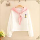 Plant Embroidered Sailor Collar Long-sleeve Top