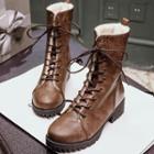 Faux Leather Fleece-lined Block Heel Short Boots
