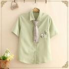 Cat Embroidered Short-sleeve Shirt With Plaid Tie