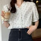 Elbow-sleeve Floral Frill Trim Top