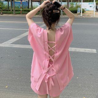 Set: Short-sleeve V-neck Cutout-back T-shirt + Drawstring Wide Leg Shorts Pink - One Size