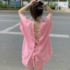 Set: Short-sleeve V-neck Cutout-back T-shirt + Drawstring Wide Leg Shorts Pink - One Size