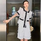 Elbow-sleeve Two-tone Button-up Top / Shorts