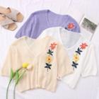 Flower-embroidered Button-down Light Knit Top