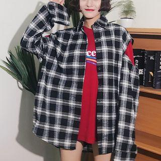 Plaid Open Shoulder Long-sleeve Blouse