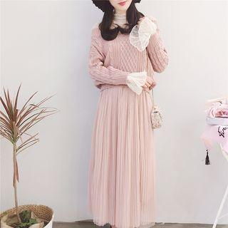 Set: Mesh Panel Cable-knit Sweater + Sleeveless Maxi Dress