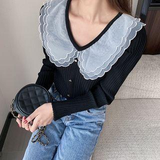 Mesh Collar Ribbed Knit Top