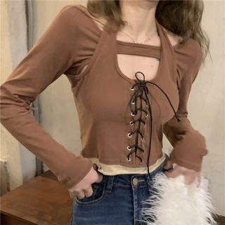 Mock Two-piece Cold-shoulder Lace-up T-shirt Brownish Red - One Size