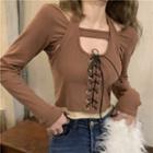 Mock Two-piece Cold-shoulder Lace-up T-shirt Brownish Red - One Size