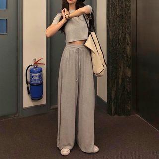 Set: Short Sleeve Cropped Top + Wide-leg Pants