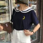 Moon Embroidered Sailor Collar Short Sleeve T-shirt