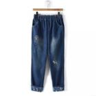 Slim-fit Cat Embroidered Cuffed Jeans