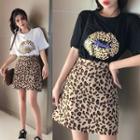 Set: Short-sleeve Leopard Print T-shirt + Mini Leopard Print A-line Skirt