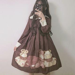 Long-sleeve Printed Lolita Dress / Bow Headband / Set