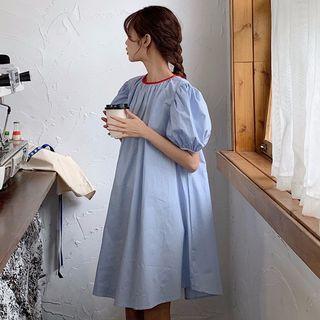 Short-sleeve Contrast Trim Crinkled Mini Tunic Dress