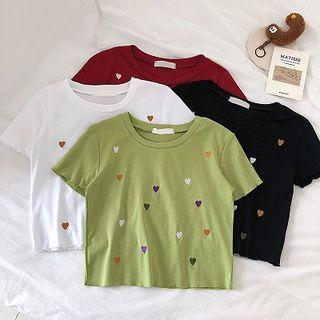 Short-sleeve Embroidered Heart Cropped T-shirt