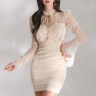 Long-sleeve Bow-neck Mini Bodycon Dress