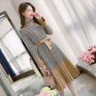 Mock-neck Tie-waist Plaid Long-sleeve Dress