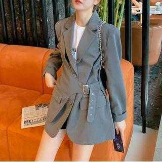 Single Breasted Padded Shoulder Buckled Waist Blazer