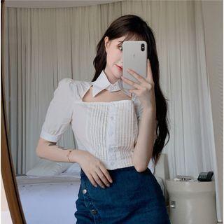 Cut-out Short-sleeve Pintuck Shirt White - One Size