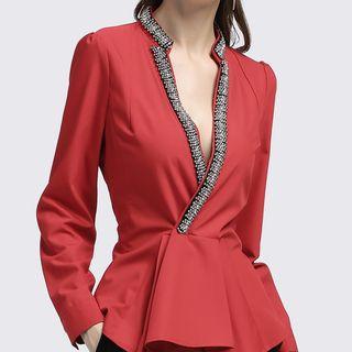 Beaded V-neck Peplum Blouse