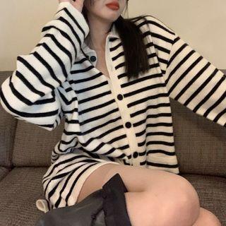 Collared Button-up Striped Knit Mini Dress Stripe - Black & White - One Size