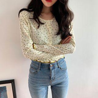 Lettuce-edge Cropped Floral Cardigan
