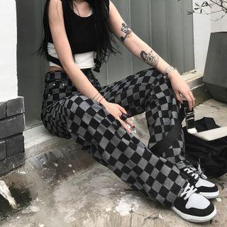 High Waist Checkered Straight Leg Jeans
