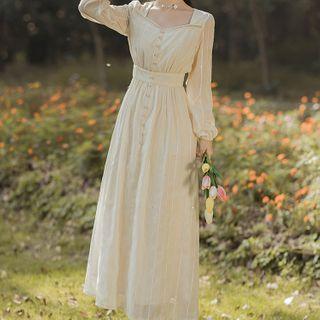 Long-sleeve Square-neck Mesh Midi Dress