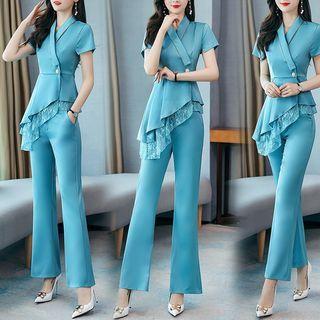 Set: Short-sleeve Asymmetrical Blouse + Bootcut Dress Pants