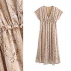 V-neck Snake Skin Print Ruffled Dress