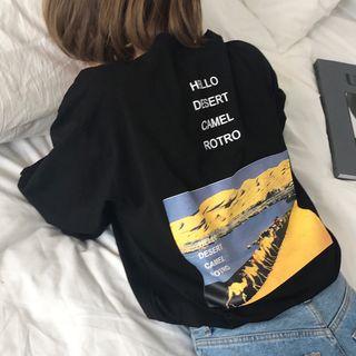 Lettering Printed Back Elbow Sleeve T-shirt