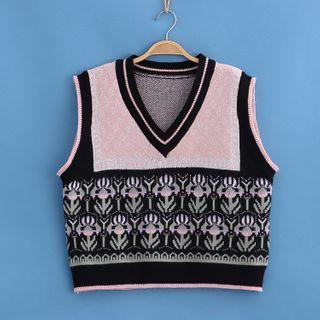 Flower Jacquard V-neck Knit Vest