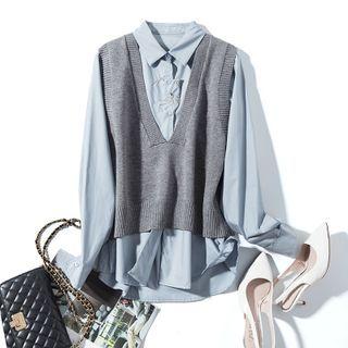 Set: Cat Embroidered Shirt + V-neck Sweater Vest