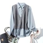 Set: Cat Embroidered Shirt + V-neck Sweater Vest