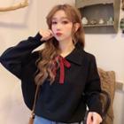Bow-accent Long-sleeve Loose-fit Knit Top