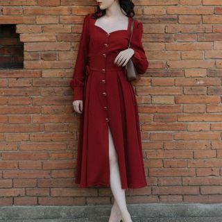 V-neck Long-sleeve Split Midi Dress