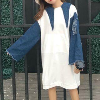 Denim Panel Hooded Long-sleeve T-shirt Dress