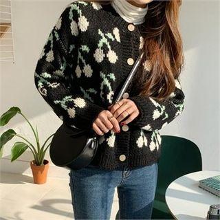 Round-neck Pattern Cardigan Black - One Size