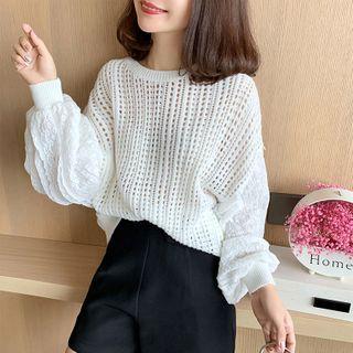 Lace Panel Lantern-sleeve Pointelle Knit Top