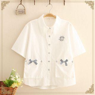 Cat Embroidered Bow-detail Short-sleeve Shirt White - One Size