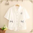 Cat Embroidered Bow-detail Short-sleeve Shirt White - One Size