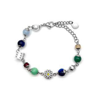 Flower Faux Pearl Rhinestone Stainless Steel Bracelet Silver & Blue & Green - One Size